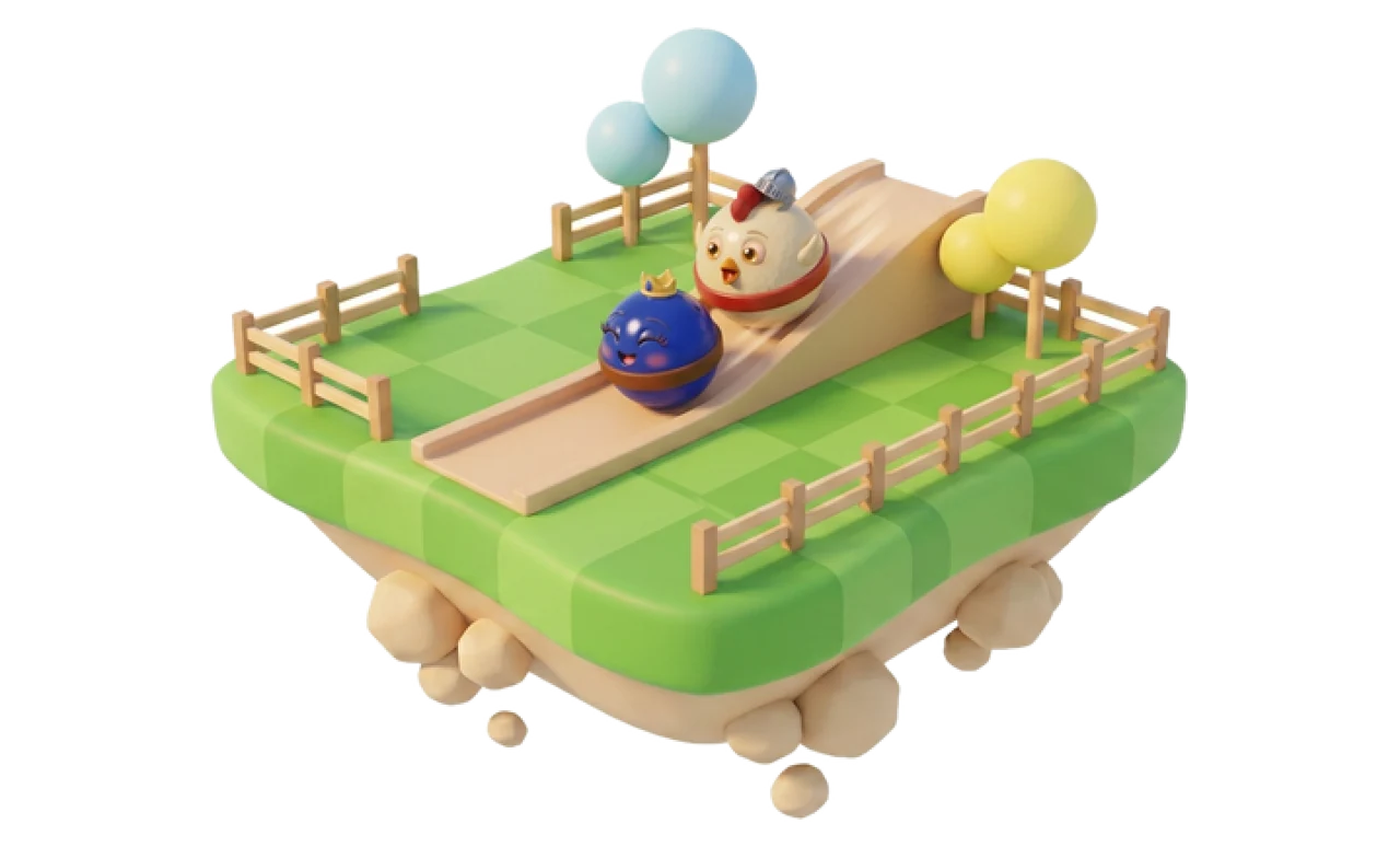A floating checkerboard island with a wooden ramp and two rolling marble characters