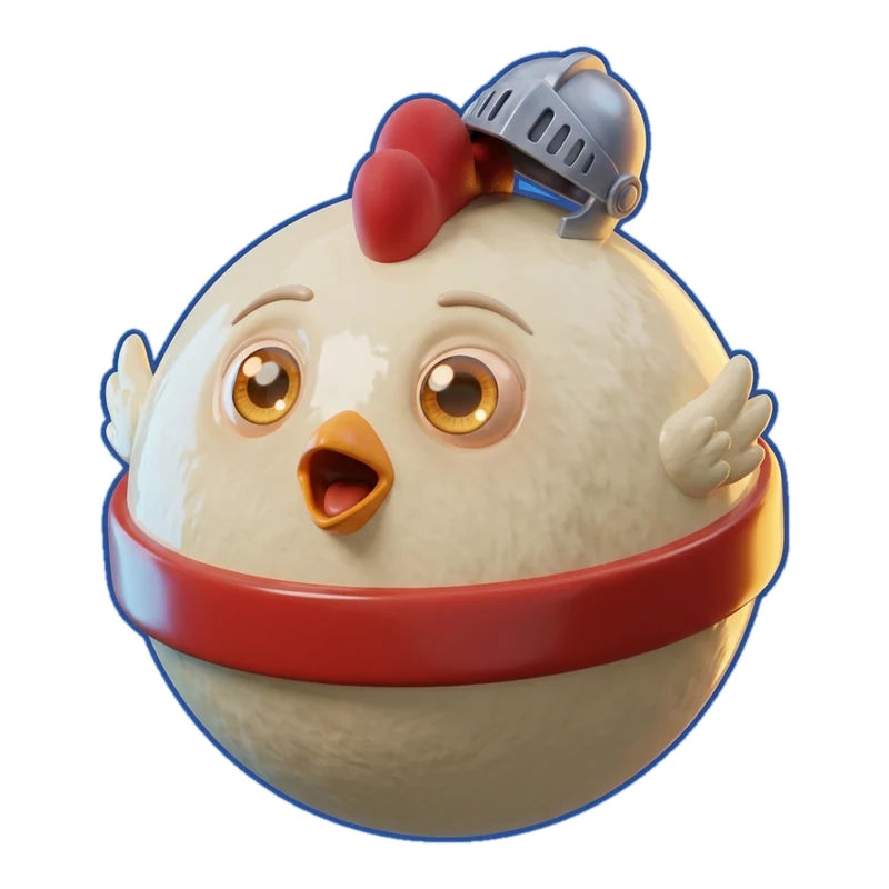 A cheerful round chicken character wearing a little knight's helmet and a red belt