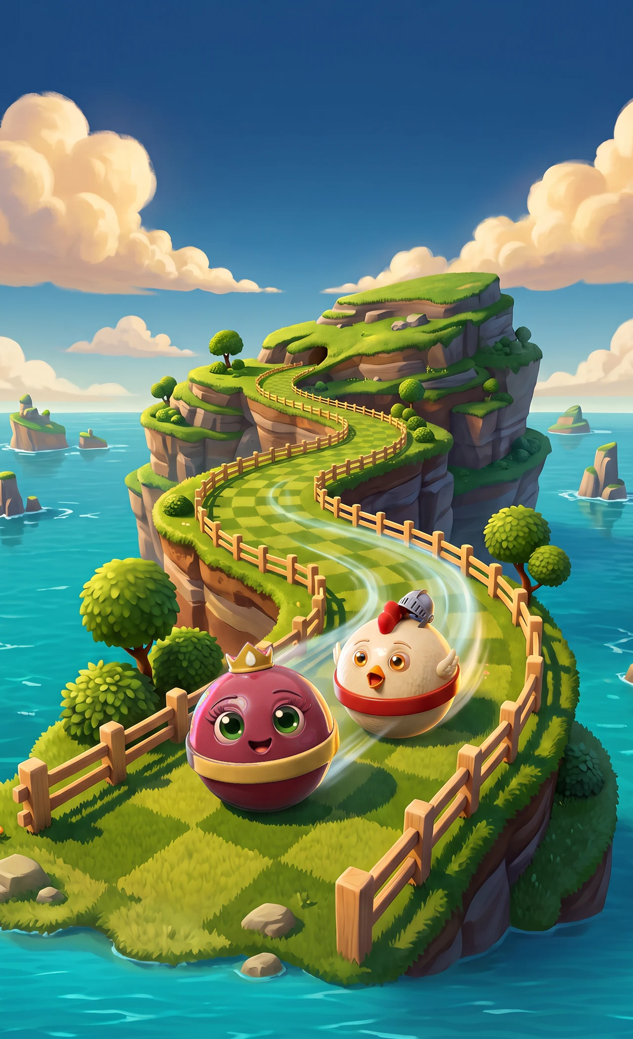 Two marble characters roll down a winding grassy island path above a turquoise sea